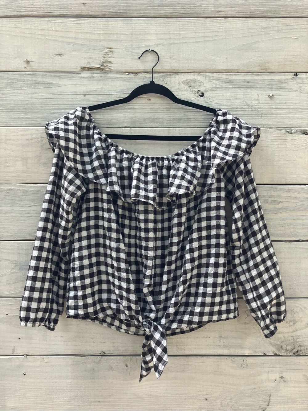 Caution to the Wind Gingham Ruffle Top Medium Neutral Fall Transitional